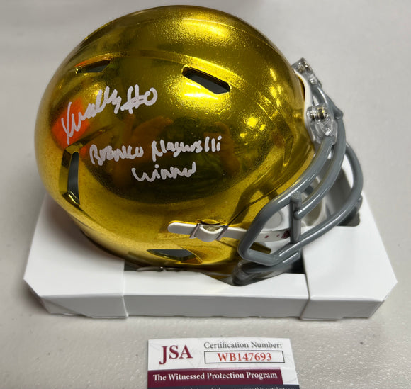 XAVIER WATTS Signed Notre Dame Fighting Irish Gold Hydro Speed Mini Helmet Bronko Nagurksi Winner Inscription JSA COA