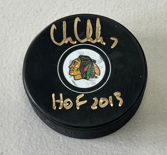 CHRIS CHELIOS Signed Chicago Blackhawks Hockey Puck HOF 13 Inscription Beckett COA