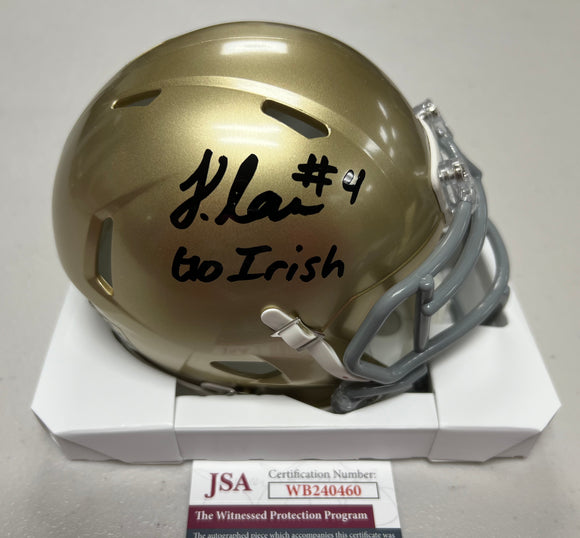 JEREMIYAH LOVE Signed Notre Dame Fighting Irish Speed Mini Helmet Go Irish Inscription JSA COA