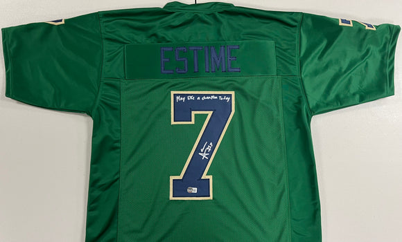 AUDRIC ESTIME Signed Notre Dame Fighting Irish Green Football Jersey Play Like a Champion Today Inscription Beckett COA