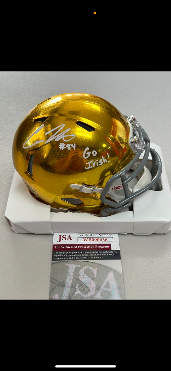 COLE KMET Signed Notre Dame Fighting Irish Gold Hydro Speed Mini Helmet Go Irish! Inscription JSA COA