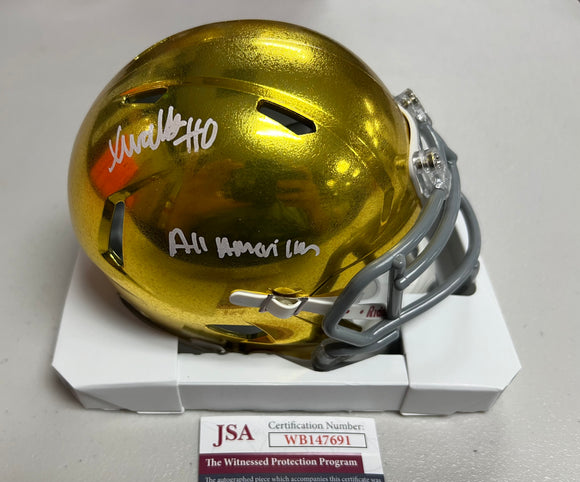 XAVIER WATTS Signed Notre Dame Fighting Irish Gold Hydro Speed Mini Helmet All American Inscription JSA COA