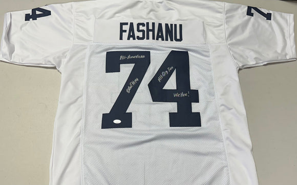 OLU FASHANU Signed Penn State White Football Jersey We Are!, All Big-Ten, and All-American Inscripiton JSA COA
