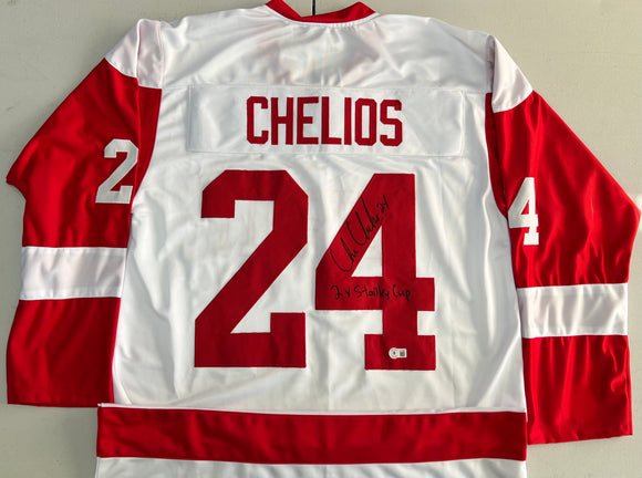CHRIS CHELIOS Signed Detroit Red Wings White Hockey Jersey 2x Stanley Cup Inscription Beckett COA