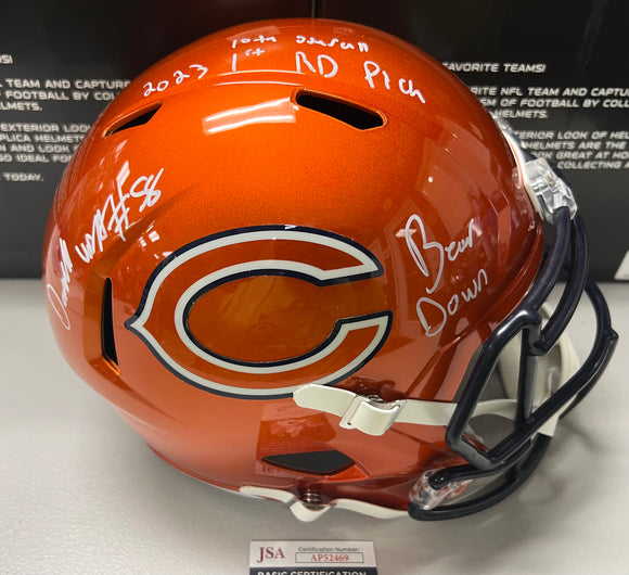 DARNELL WRIGHT Signed Chicago Bears Orange Flash Full Size Replica Helmet 2023 1st RD Pick 10th Overall & Bear Down Inscriptions JSA COA