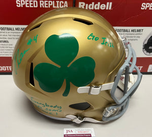 JEREMIYAH LOVE Signed Notre Dame Fighting Irish Shamrock Full Size Replica Helmet Go Irish & Everybody Needs Some Love! Inscriptions JSA COA