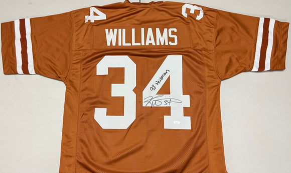 RICKY WILLIAMS Signed Texas Longhorns Burnt Orange Football Jersey 98 Heisman Inscription JSA COA