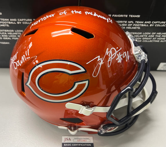 ZACCH PICKENS Signed Chicago Bears Orange Flash Full Size Replica Helmet Monster of Year Midway!! & Bear Down!! Inscriptions JSA COA