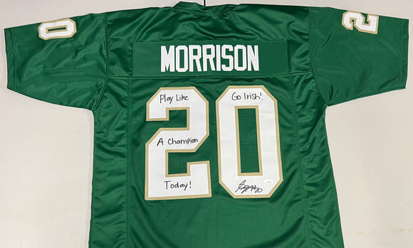 BENJAMIN MORRISON Signed Notre Dame Fighting Irish Shamrock Green Football Jersey Play Like A Champion Today! & Go Irish! Inscriptions JSA COA