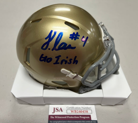 JEREMIYAH LOVE Signed Notre Dame Fighting Irish Speed Mini Helmet Go Irish Inscription JSA COA