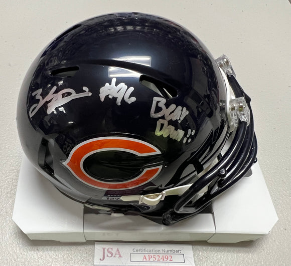 ZACCH PICKENS Signed Chicago Bears Speed Mini Helmet Bear Down! Inscription JSA COA