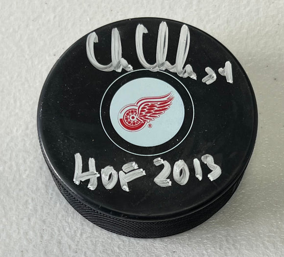 CHRIS CHELIOS Signed Detroit Red Wings Hockey Puck HOF 13 Inscription Beckett COA