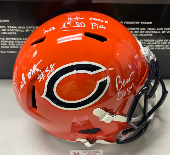 DARNELL WRIGHT Signed Chicago Bears Orange Alternate Full Size Replica Helmet 2023 1st RD Pick 10th Overall & Bear Down Inscriptions JSA COA