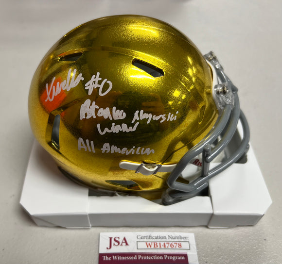 XAVIER WATTS Signed Notre Dame Fighting Irish Gold Hydro Speed Mini Helmet Bronko Nagurksi & All American Inscriptions JSA COA