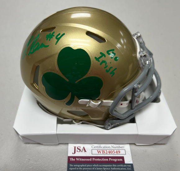 JEREMIYAH LOVE Signed Notre Dame Fighting Irish Shamrock Speed Mini Helmet Go Irish Inscription JSA COA