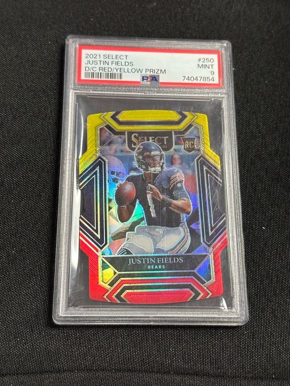 2021 Panini Select JUSTIN FIELDS Die Cut RED/Yellow Prizm Chicago Bears PSA 9