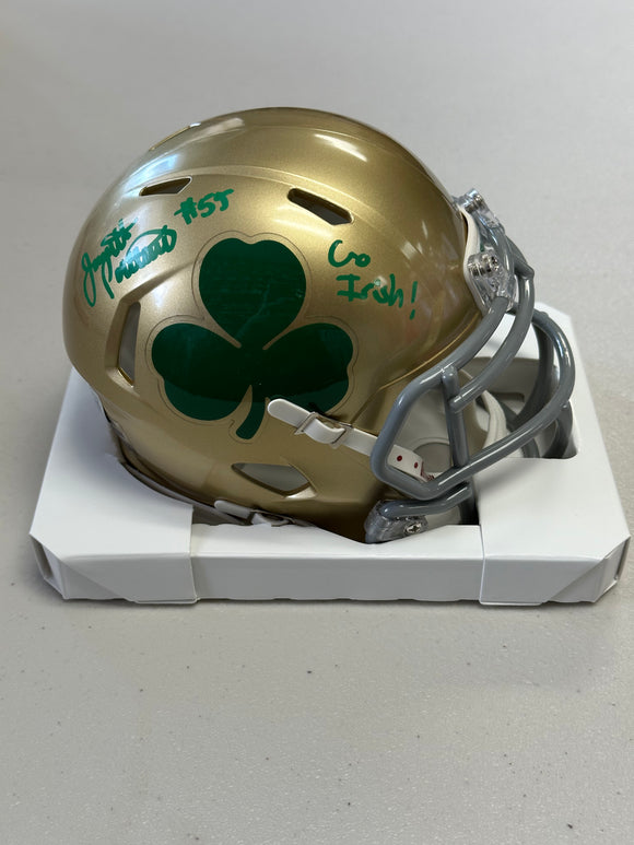 JARRETT PATTERSON Signed Notre Dame Fighting Irish Speed Shamrock Mini Helmet Go Irish! Inscription Beckett COA