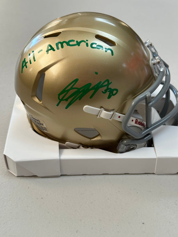 Benjamin Morrison Signed Notre Dame Fighting Irish Shamrock Speed Mini Helmet Play All-American Inscription JSA COA