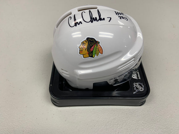 CHRIS CHELIOS Signed Chicago Blackhawks White Mini Helmet HOF 2013 Inscription Beckett COA
