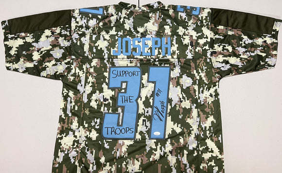 KERBY JOSEPH Signed Detroit Lions Limited Edition Camo Football Jersey Support The Troops Inscription JSA COA