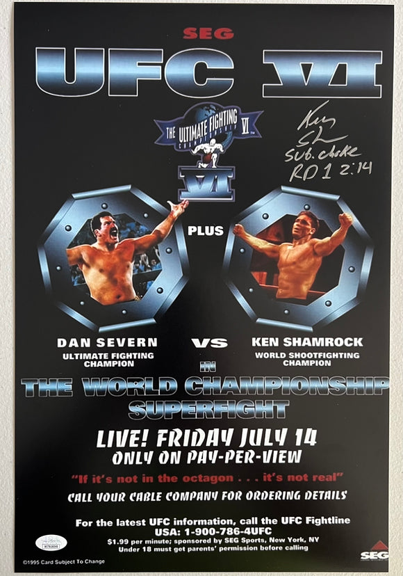 KEN SHAMROCK Signed 12x18 UFC Fight Poster with Fight Stat (Sub. Choke Rd 1 2:14) Inscription Ultimate Fighting Championship JSA COA