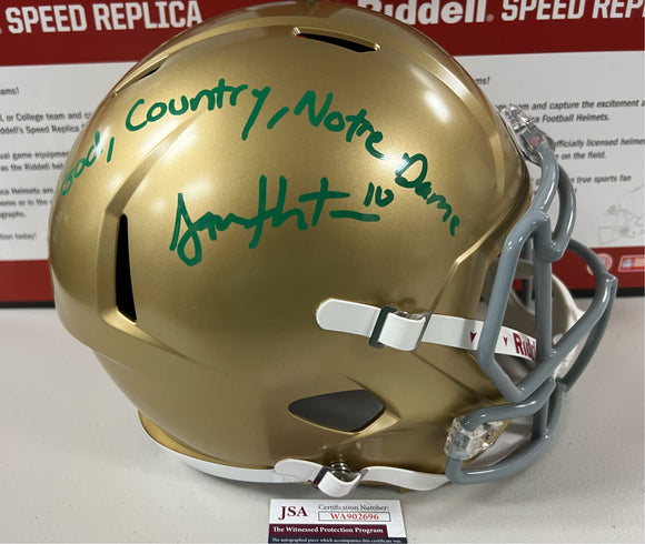 SAM HARTMAN Signed Full Name Autograph Notre Dame Fighting Irish Replica Full Size Speed Helmet God, Country, Notre Dame! Inscription JSA COA
