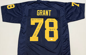 KENNETH GRANT Signed Michigan Wolverines Blue Football Jersey Go Blue! & Hail to The Victors & Big Ten Champs! Inscriptions JSA COA