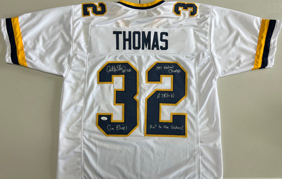ANTHONY THOMAS Signed Michigan Wolverines White Football Jersey A-Train & Go Blue! & 1997 National Champs & Hail to the Victors! Inscriptions JSA COA