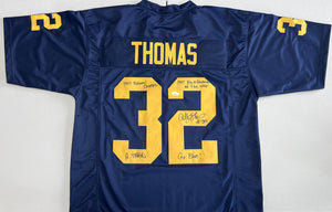 ANTHONY THOMAS Signed Michigan Wolverines Blue Football Jersey A-Train & Go Blue! & 1997 National Champs & 1997 Big 10 Freshman of the Year Inscriptions JSA COA