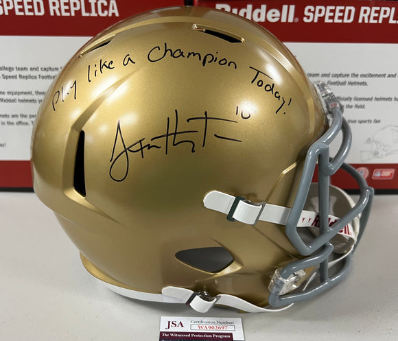SAM HARTMAN Signed Full Name Autograph Notre Dame Fighting Irish Replica Full Size Speed Helmet Play Like A Champion Today! Inscription JSA COA