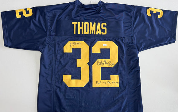 ANTHONY THOMAS Signed Michigan Wolverines Blue Football Jersey A-Train & Hail to the Victors Inscriptions JSA COA
