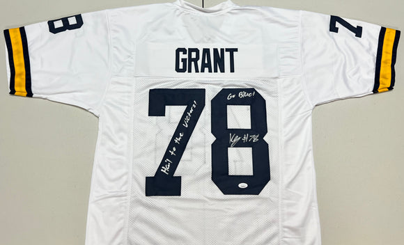 KENNETH GRANT Signed Michigan Wolverines White Football Jersey Go Blue! & Hail to The Victors Inscriptions JSA COA