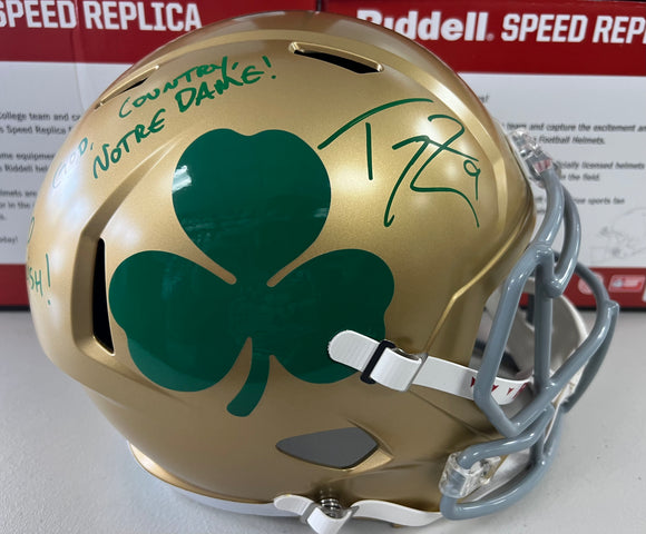 TOM ZBIKOWSKI Signed Notre Dame Fighting Irish Shamrock Full Size Speed Replica Helmet Go Irish! & God, Country, Notre Dame! Inscriptions Beckett COA