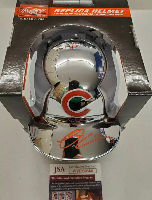 OWEN CAISSIE Signed Chicago Cubs Mini Chrome Batting Helmet Red Ink Auto JSA COA