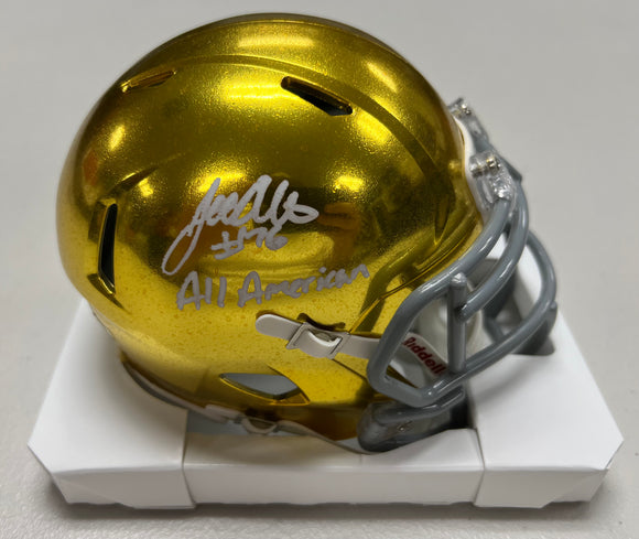 JOE ALT Signed Notre Dame Fighting Irish Gold Hydro Speed Mini Helmet All American Inscription Beckett COA