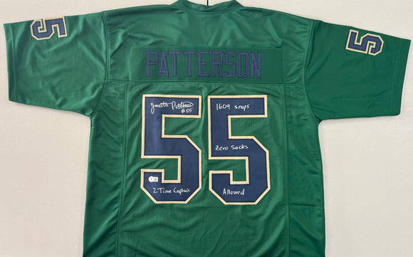 JARRETT PATTERSON Signed Notre Dame Fighting Irish Green Football Jersey 1609 Snaps Zero Sacks Allowed & 2 Time Captain Inscriptions Beckett COA
