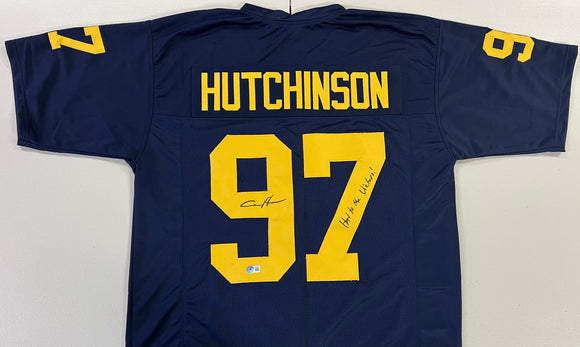 AIDAN HUTCHINSON Signed Blue Michigan Wolverines Football Jersey Hail to the Victors Inscription Beckett COA