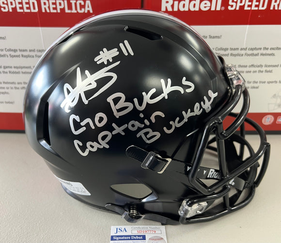 C.J. HICKS Signed Ohio State Buckeyes Alternate Black Speed Full Size Helmet GO BUCKS & Captain Buckeye Inscriptions JSA COA