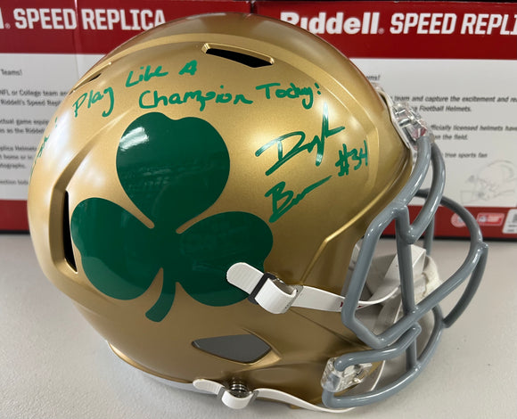 DRAYK BOWEN Signed Notre Dame Fighting Irish Shamrock Full Size Speed Replica Helmet Go Irish! & Play Like A Champion Today! Inscriptions JSA COA
