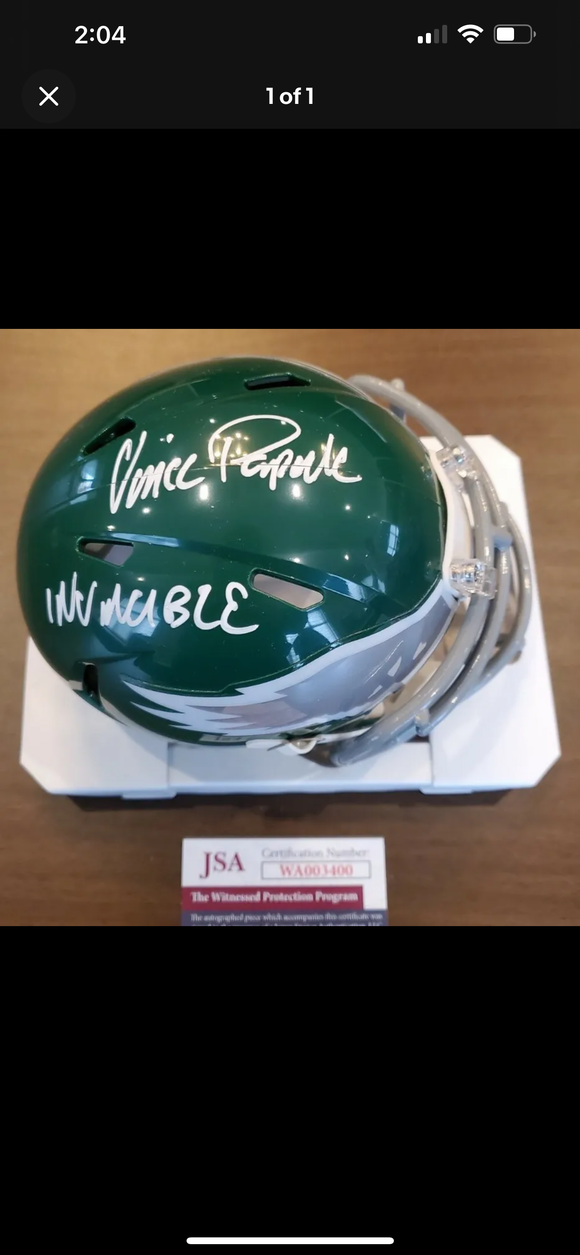 VINCE PAPALE Signed Philadelphia Eagles Mini Helmet Invincible Inscription JSA COA