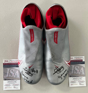 C.J. HICKS Dual Signed Ohio State Buckeyes GAME USED Pair of Silver & Red Nike Vapor Football Cleats JSA COA