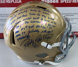 RUDY RUETTIGER Signed Notre Dame Fighting Irish Full Size Speed Replica Helmet Full Movie Quote Inscription & The Play Inscription Beckett COA