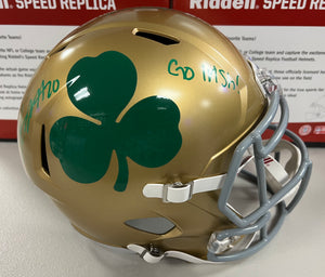 BENJAMIN MORRISON Signed Notre Dame Fighting Irish Shamrock Full Size Replica Helmet God Country Notre Dame & Go Irish! Inscriptions Beckett COA