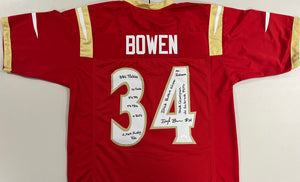DRAYK BOWEN Signed Red Andrean Football Jersey with Full Career High School Stats Inscriptions JSA COA