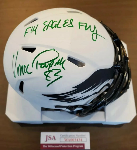 VINCE PAPALE Signed Lunar Philadelphia Eagles Mini Helmet Fly Eagles Fly Inscription JSA COA