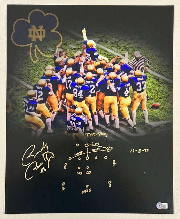 RUDY RUETTIGER Signed 16x20 Photo Notre Dame Fighting Irish The Play Inscription with Play Drawn Out Beckett COA