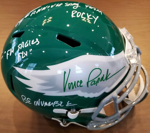 VINCE PAPALE Signed Philadelphia Eagles Full Size Throwback Speed Helmet 8 Inscriptions JSA COA