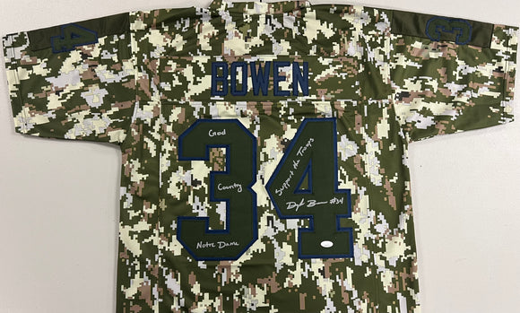 DRAYK BOWEN Signed Camo Limited Edition Notre Dame Football Jersey God, Country, Notre Dame & Support The Troops Inscriptions JSA COA