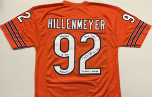 HUNTER HILLENMEYER Signed Chicago Bears Orange Football Jersey Monsters of the Midway & Bear Down! & 06 NFC Champs Inscriptions JSA COA