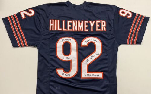 HUNTER HILLENMEYER Signed Chicago Bears Navy Football Jersey Monsters of the Midway & Bear Down! & 06 NFC Champs Inscriptions JSA COA